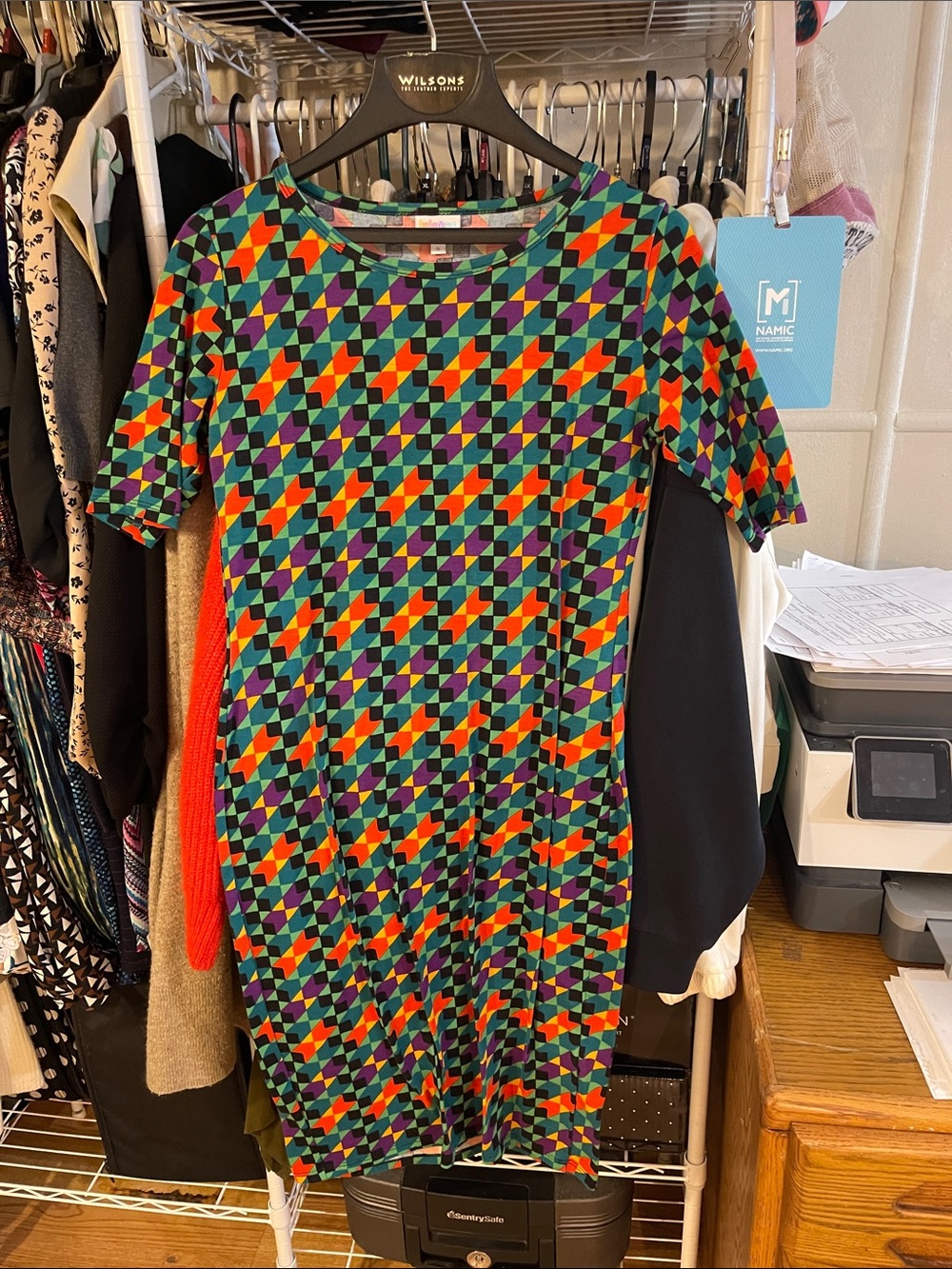 LuLaRoe Teal Purple Yellow Geometric MIDI Dress
